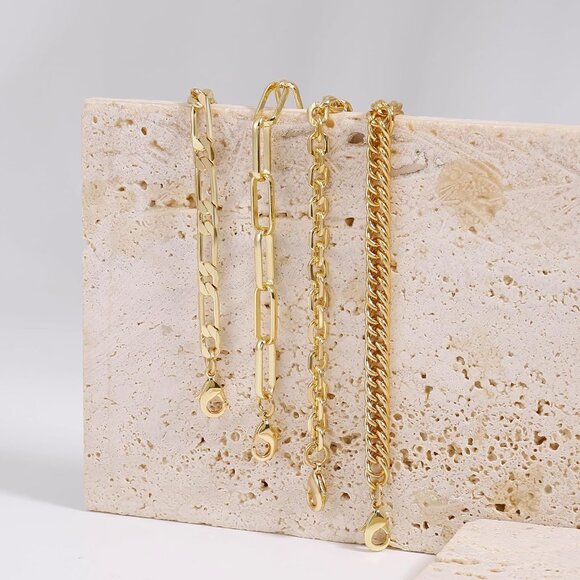 14K Gold Plated Stainless Steel Chain Bracelets for Women - Adjustable Layered H - Picture 3 of 5